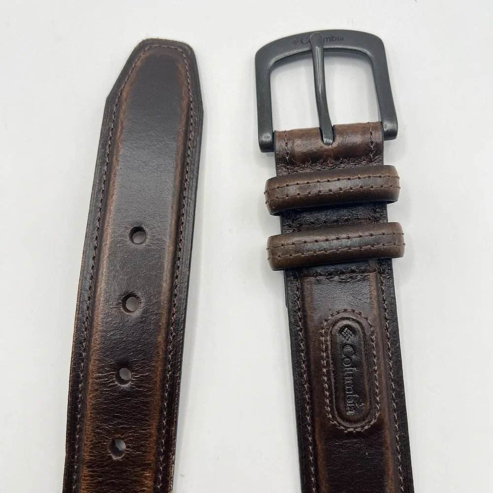 Columbia Genuine Leather Belt‎ XL/42-44 Brown Stitch Detail Classic